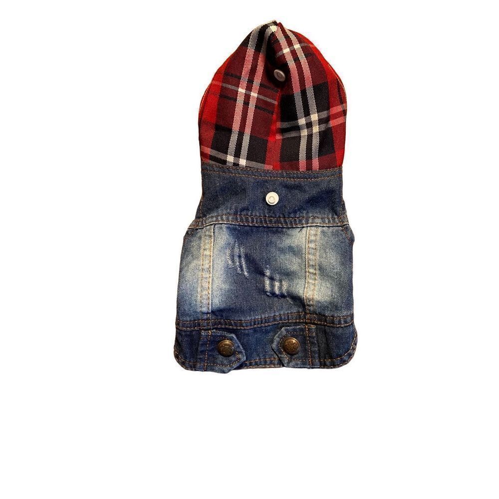 Dog denim vest, buffalo, check, hood, distressed, size small